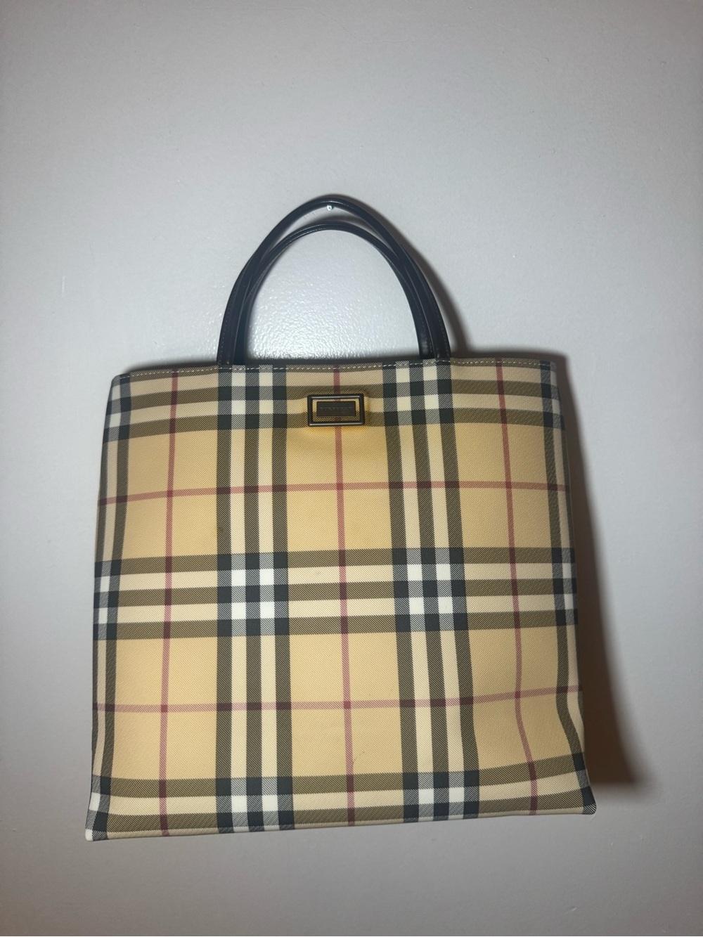 Classic Burberry Plaid Tote Bag with Black Handles